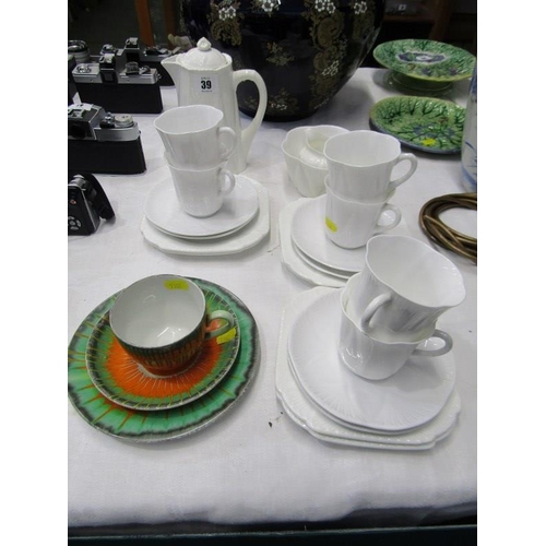 39 - SHELLEY ART DECO TRIO, also Shelley white porcelain coffee ware