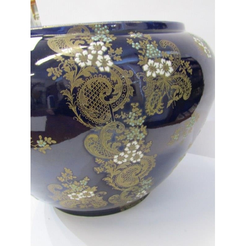 40 - VINTAGE JARDINIERE, royal blue ground gilded and enamelled circular jardiniere, a/f