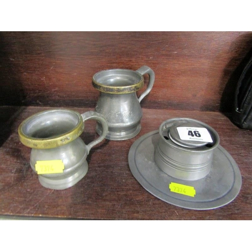 46 - ANTIQUE PEWTER, circular base ink well and 2 graduated brass rimmed measures