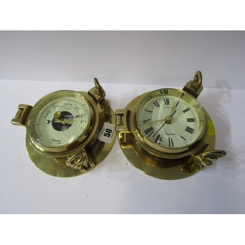 50 - MARITIME, pair of brass porthole design barometer and wall clock