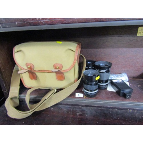 61 - PHOTOGRAPHY, 3 Nikon camera lenses, canvas bag and other accessories