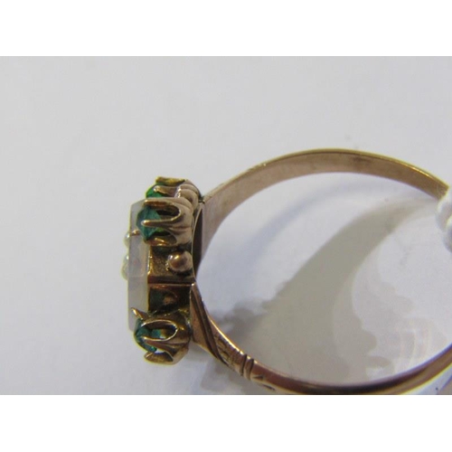 218 - ANTIQUE RING, A central plaque decorated 3 pearls with 4  emeralds to the outer on a 14ct yellow gol... 