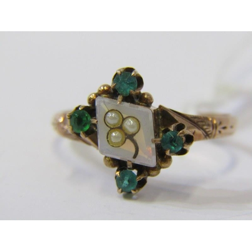 218 - ANTIQUE RING, A central plaque decorated 3 pearls with 4  emeralds to the outer on a 14ct yellow gol... 