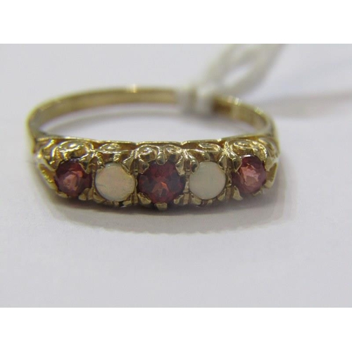 236 - 9ct GOLD 5 STONE RING, 9ct yellow gold ring set opals and pink stones, possibly mystic topaz, size O