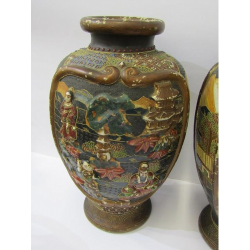 1 - ORIENTAL CERAMICS, pair of vintage satsuma relief decorated 32cm vases