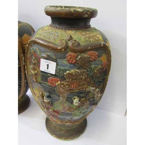 1 - ORIENTAL CERAMICS, pair of vintage satsuma relief decorated 32cm vases