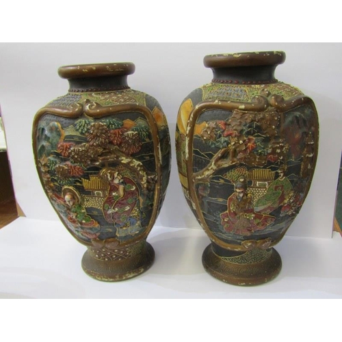 1 - ORIENTAL CERAMICS, pair of vintage satsuma relief decorated 32cm vases