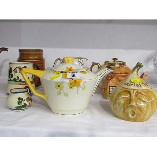 10 - ART DECO TEA POT, 2 cottage design tea pots, mottoware, etc