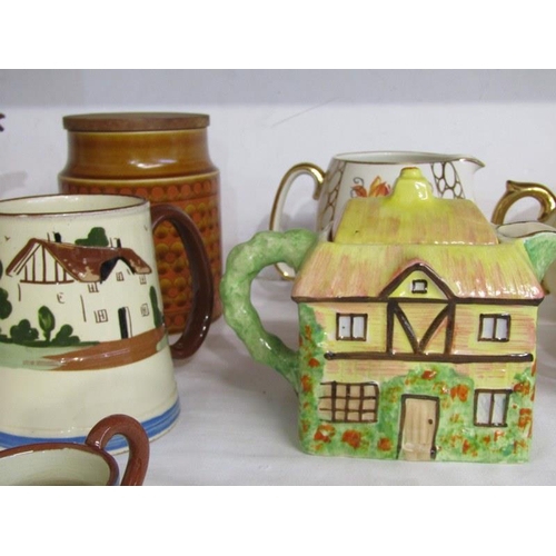 10 - ART DECO TEA POT, 2 cottage design tea pots, mottoware, etc