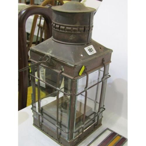 101 - LIGHTING, copper square base lantern together with 4 stained glass panels