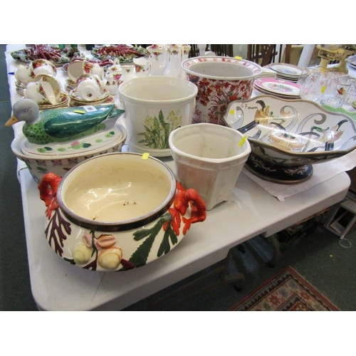 106 - CORAL DESIGN FRUIT BOWL, bird decorated tureen, jardinière, etc