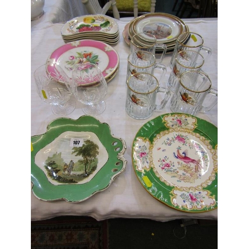 107 - PRATT TABLEWARE, 4 Pratt printed tea plates and serving dish, together with pair of Minton exotic bi... 