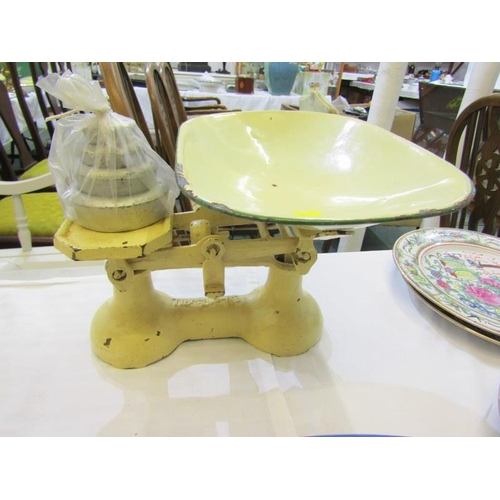 108 - KITCHENALIA, enamelled balance kitchen scales with 4 graduated weights, also Brannam toilet jug and ... 