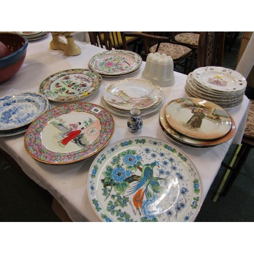 109 - POTTERY JELLY MOULD, various ribbon plates, antique blue transfer ware and decorative items