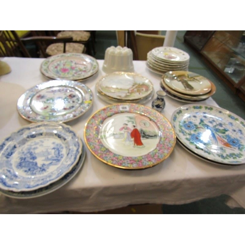 109 - POTTERY JELLY MOULD, various ribbon plates, antique blue transfer ware and decorative items