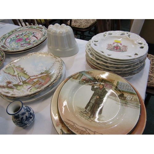 109 - POTTERY JELLY MOULD, various ribbon plates, antique blue transfer ware and decorative items