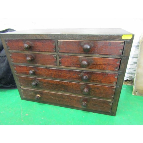 118 - ANTIQUE STORAGE CABINET, table top 7 drawer fruit wood storage box, 15cm width