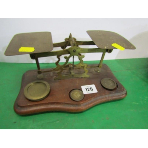 120 - ANTIQUE POSTAL SCALES, brass balance scales, 4ozs - 1p, with 3 graduated weights