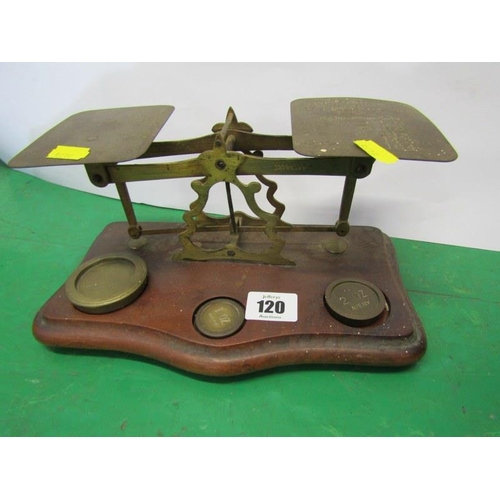 120 - ANTIQUE POSTAL SCALES, brass balance scales, 4ozs - 1p, with 3 graduated weights