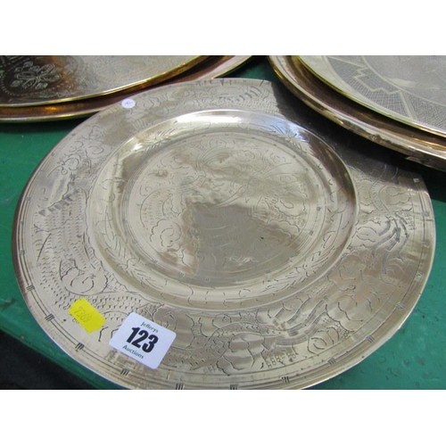 123 - EASTERN BRASSWARE, collection of mainly Eastern embossed and engraved brass trays