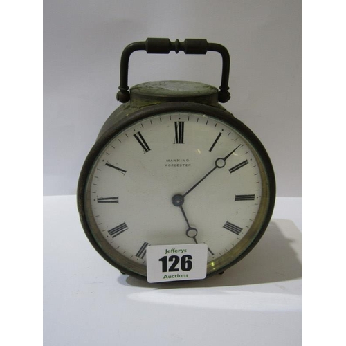 126 - ANTIQUE BEDROOM CLOCK, brass cylindrical cased bedroom clock by Manning of Worcester