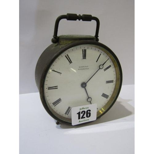 126 - ANTIQUE BEDROOM CLOCK, brass cylindrical cased bedroom clock by Manning of Worcester