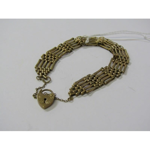 129 - GOLD BRACELET, 9ct gold 5 bar gate link bracelet with padlock claps, 9.2 grams