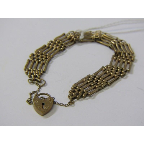 129 - GOLD BRACELET, 9ct gold 5 bar gate link bracelet with padlock claps, 9.2 grams