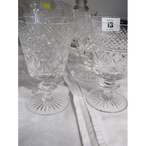 13 - CUT GLASS, 6 cut glass goblets, water jug and early 19th Century decanter