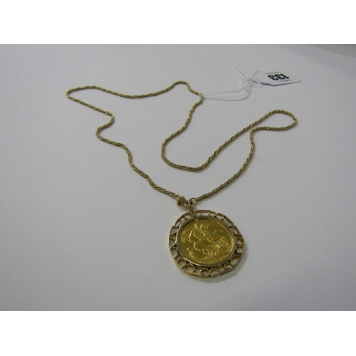 133 - SOVEREIGN PENDANT, 1906 Edward VII sovereign, set 9ct pendant mount on fine link 9ct gold chain, 23