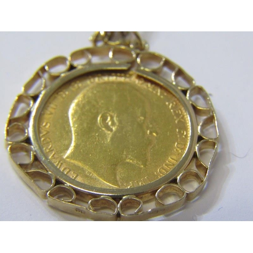 133 - SOVEREIGN PENDANT, 1906 Edward VII sovereign, set 9ct pendant mount on fine link 9ct gold chain, 23