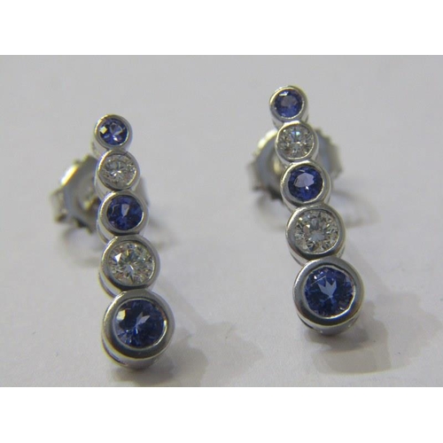 134 - QUALITY PAIR OF DIAMOND & TANZANITE DROP EARRINGS, set in 18ct white gold with 5 stone graduated dro... 