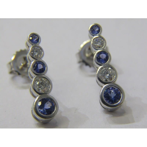 134 - QUALITY PAIR OF DIAMOND & TANZANITE DROP EARRINGS, set in 18ct white gold with 5 stone graduated dro... 