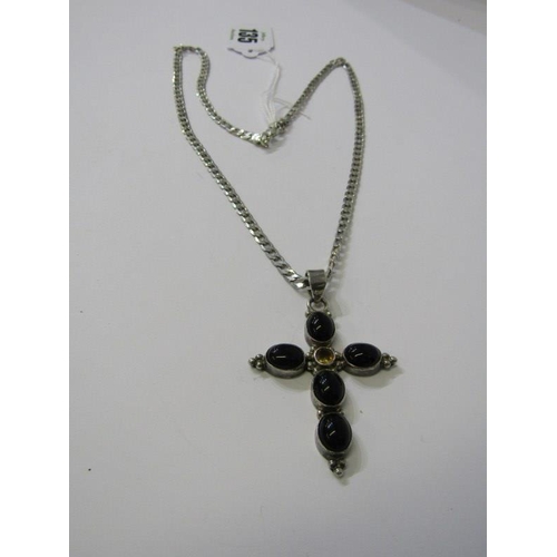 135 - STONE SET SILVER CROSS ON CHAIN, silver cross set on a 20