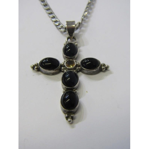 135 - STONE SET SILVER CROSS ON CHAIN, silver cross set on a 20