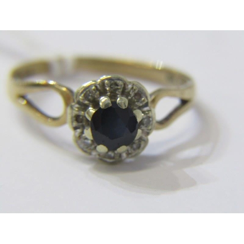 136 - SAPPHIRE & DIAMOND RING, 9ct yellow gold ring set a central sapphire surrounded by diamonds, size M/... 