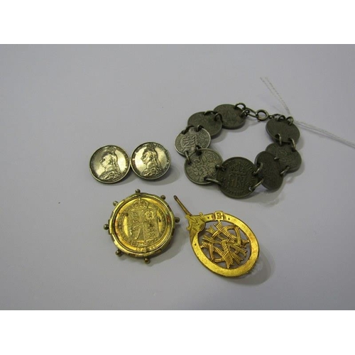 142 - COIN JEWELLERY, 6 pence coin bracelet, Victorian gilded 1889 shilling in mount, a Victorian 6 pence ... 