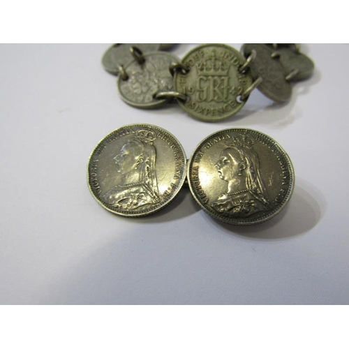 142 - COIN JEWELLERY, 6 pence coin bracelet, Victorian gilded 1889 shilling in mount, a Victorian 6 pence ... 