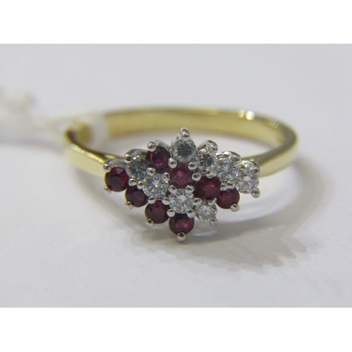 149 - RUBY & DIAMOND CLUSTER RING, 18ct yellow gold ring, set a lozenge cluster of rubies and diamonds in ... 