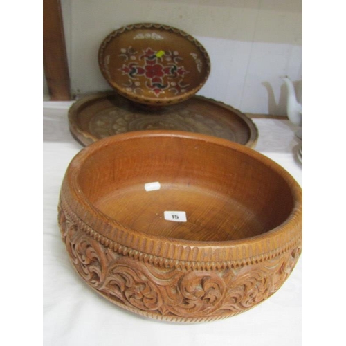 15 - TREEN, ornate carved fruit bowl, folk art comport and carved wooden serving dish