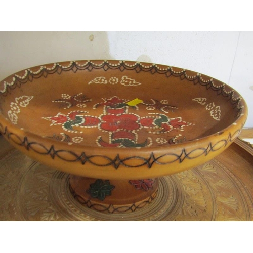 15 - TREEN, ornate carved fruit bowl, folk art comport and carved wooden serving dish