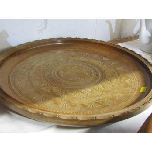 15 - TREEN, ornate carved fruit bowl, folk art comport and carved wooden serving dish