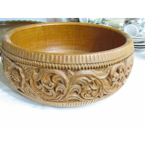 15 - TREEN, ornate carved fruit bowl, folk art comport and carved wooden serving dish