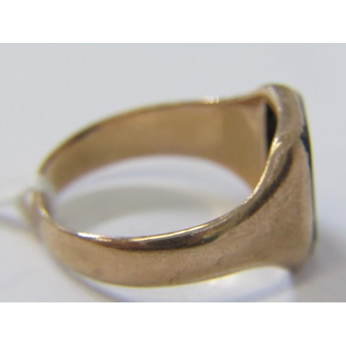 154 - SIGNET RING, 9ct yellow gold stone set signet ring (stone chipped), size R/S, 5.4 grams