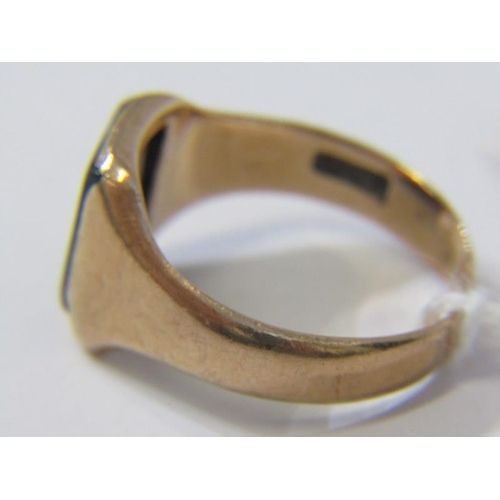 154 - SIGNET RING, 9ct yellow gold stone set signet ring (stone chipped), size R/S, 5.4 grams