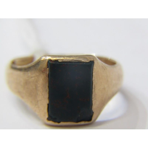 154 - SIGNET RING, 9ct yellow gold stone set signet ring (stone chipped), size R/S, 5.4 grams