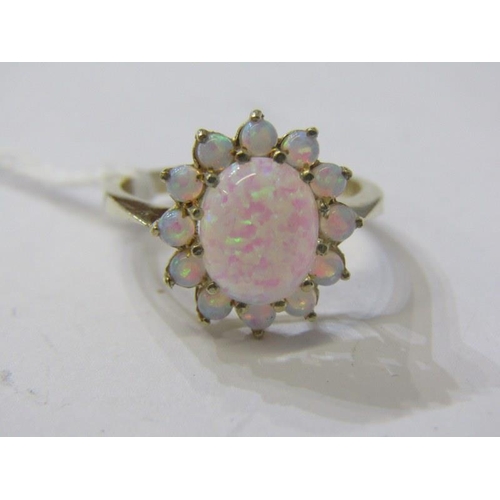 159 - OPAL CLUSTER RING, 9ct yellow gold ring set a large cabochon opal to centre, set 12 further opals to... 