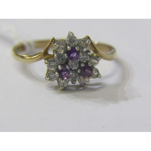 163 - 9ct GOLD CLUSTER RING, 9ct yellow gold ring set a cluster of pink and clear stones, size O/P