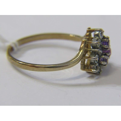 163 - 9ct GOLD CLUSTER RING, 9ct yellow gold ring set a cluster of pink and clear stones, size O/P