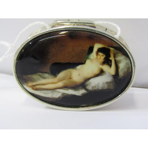 172 - RISQUE SILVER & ENAMEL PILL BOX, oval silver pill box, rising top decorated a naked lady, 3.8cm diam... 